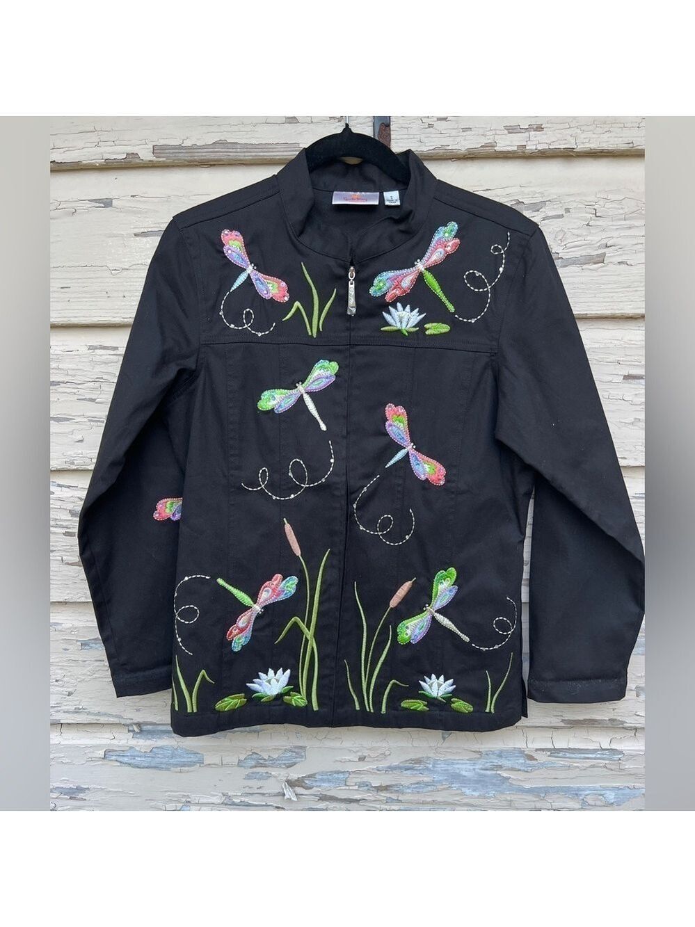 Quacker Factory Embroidered Dragon Fly Novelty Full Zip Spring Jacket NWOT S